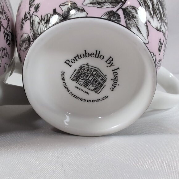 Portobello by Inspire Floral Mug Rose Pink Border Butterfly Black 2 Set Pedestal - Picture 10 of 13